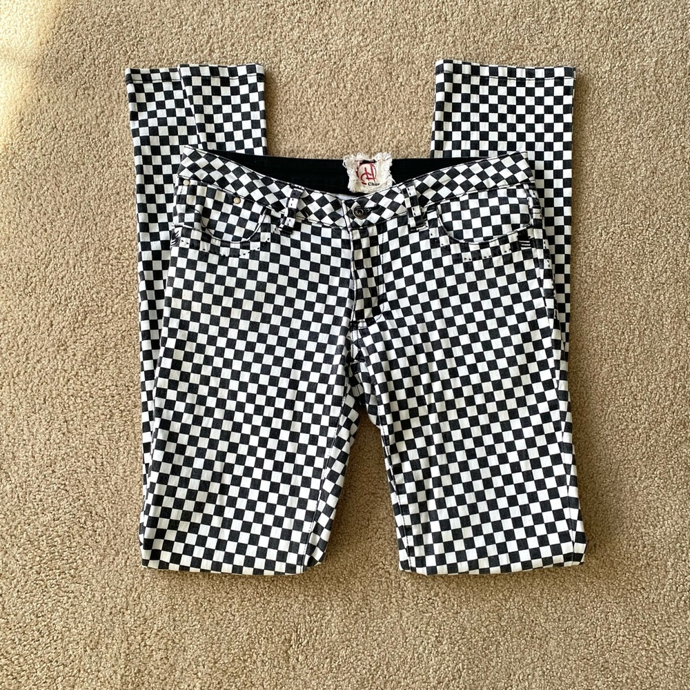 Cord Black and White Checkered Skinny Pants
